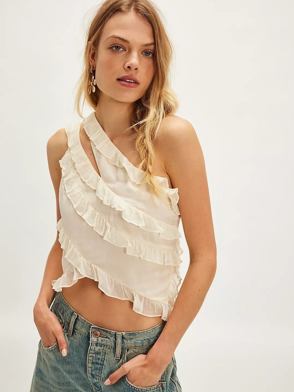 Free People Hollie One Shoulder Top Size Large - Free People Blouse Ruffles - Picture 2 of 9